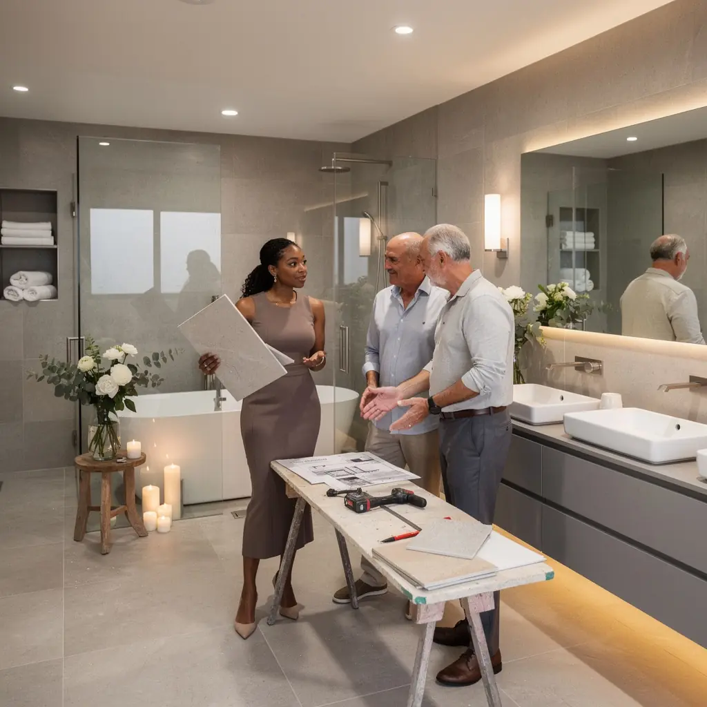 Łazienka z elegancką armaturą i nowoczesnymi płytkami.